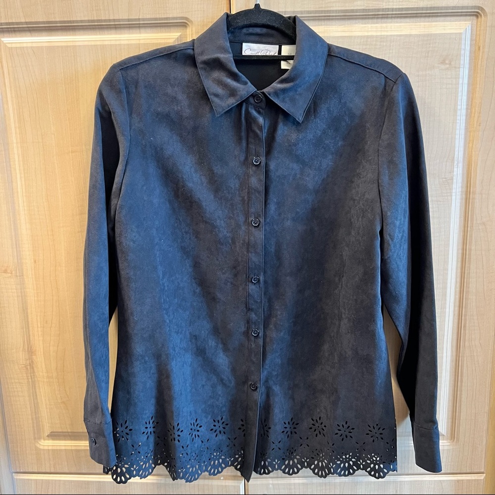 VINTAGE Faux Suede Black Button Down Shirt w Laser Cut Out Pattern on the Hem